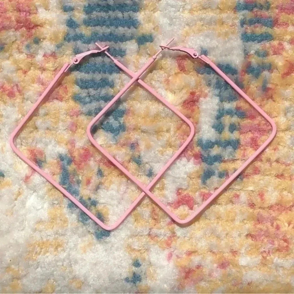 Pink Retro 80’s Large Stainless Steel Square Hoops Earrings NWT